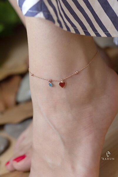 BY BARUN SİLVER Halhal Nazar Göz Boncuğu Kalp Ayak Bilekliği Mineli 925 Ayar Gümüş Pembe Rose Zincir Halhal