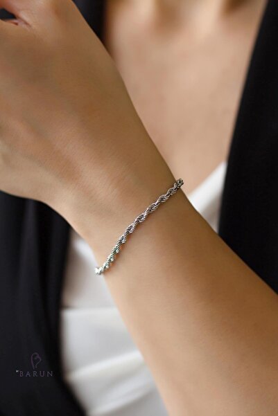 BY BARUN SİLVER Zincir Bileklik Burgu Halat Beyaz Gümüş 925 Ayar Zincir Bileklik