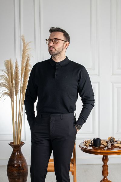 Sarar Interviu Wraps Pulover din tricot negru din raion cu guler polo
