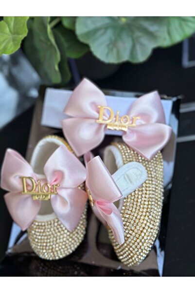 QUEEN AKSESUAR Luxury brand fashion brooched with crystal rhinestones pink bow baby girl designer shoes booties hairband