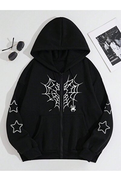 donamod Donamod Black Unisex Hooded Gothic Heart Star Zip-Up Cardigan