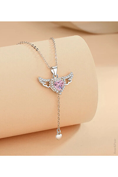 BearPear Kanatları Hareket Eden Kalpli Kolye Kadın Paslanmaz Çelik Kolye