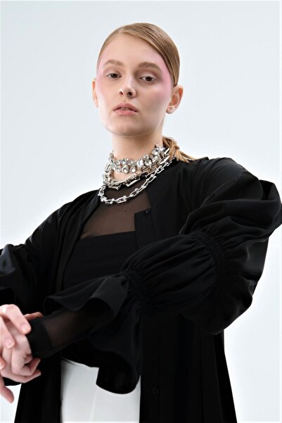 Nuum Design Double Gathered Sleeve Detailed Abaya Black