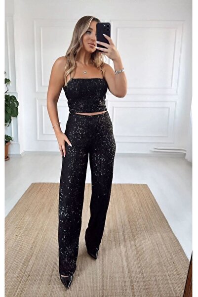 Genel Markalar Beli Lastikli ve Pul Payetli Tasarım Bol Pantolon siyah
