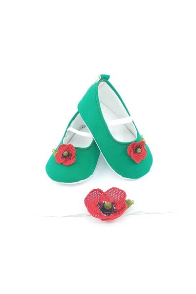 Babytor SPECIAL SERIES RED BRIDAL Needle Embroidered GREEN, ELASTIC SHOES, BABY GIRL'S SHOES AND BANDANA