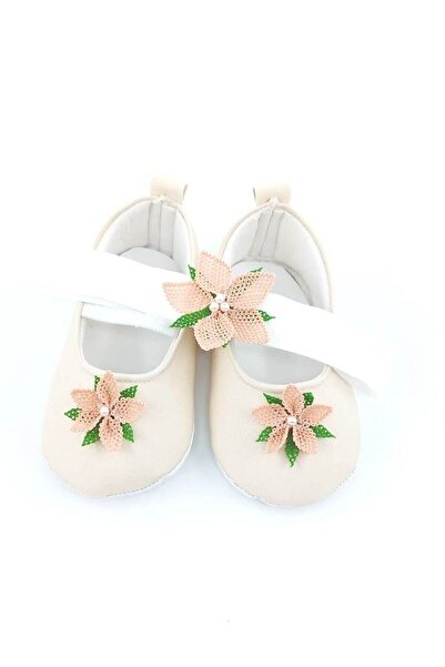 Babytor SPECIAL SERIES CREAM COLORED CHAMOMILE NEEDLE CARVED ECRU, ELASTIC SHOES, BABY GIRL SHOES AND BANDANA