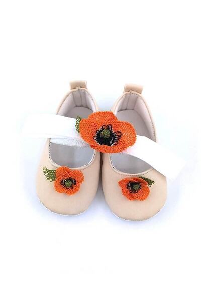 Babytor Special Series Orange Poppy Needle Embroidered Ecru, Elastic Ballet Shoes, Baby Girl's Shoes and Bandana