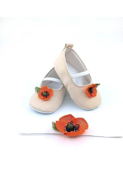 Babytor Special Series Orange Poppy Needle Embroidered Ecru, Elastic Ballet Shoes, Baby Girl's Shoes and Bandana