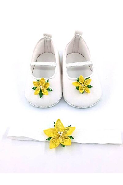 Babytor SPECIAL SERIES YELLOW DAISY NEEDLE CARVED WHITE, ELASTIC SHOES, BABY GIRL'S SHOES AND BANDANA