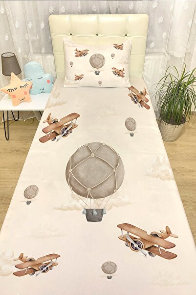 EVPANYA Uçak Balon Macera Desenli Yatak Örtüsü ve Yastık Kılıfı