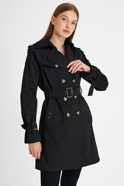 Sporting Women's Midnight Black Coated Lined Waterproof Belted Trench Coat