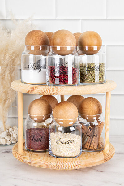 DNS HOME 10-Piece Glass Spice Bowl with Wooden Ball Lid and Rotating Stand and Transparent Label Storage Jar 300 ml
