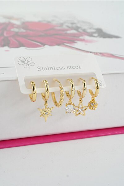 By Zeyna Aksesuar Kadın Vip Seri Özel Tasarım Baget Zirkon Taşlı 6'lı Küpe Seti