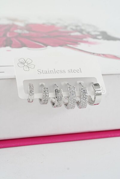 By Zeyna Aksesuar Kadın Vip Seri Özel Tasarım Baget Zirkon Taşlı 6'lı Küpe Seti