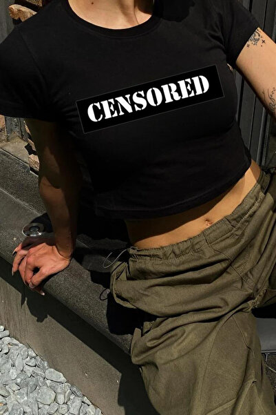 Violon Y2K Streetwear Censored Design με εμπριμέ κοντό μανίκι μαύρο κορμάκι