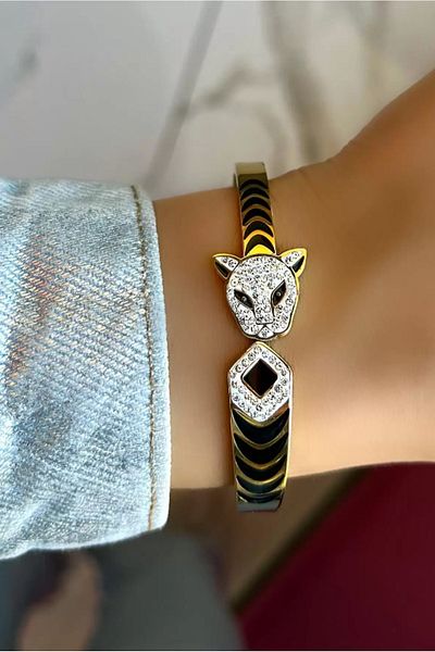 alyamagazam My Alya Store Gold Color Tiger Figured Stoned Steel Handcuff Bracelet