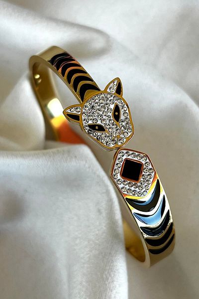 alyamagazam My Alya Store Gold Color Tiger Figured Stoned Steel Handcuff Bracelet