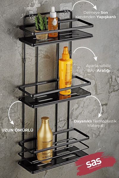 Sas Haus Stainless Crystal Shelf - Black Lş-03 Ss Bathroom Organizer with Foot Brush and Shampoo Holder