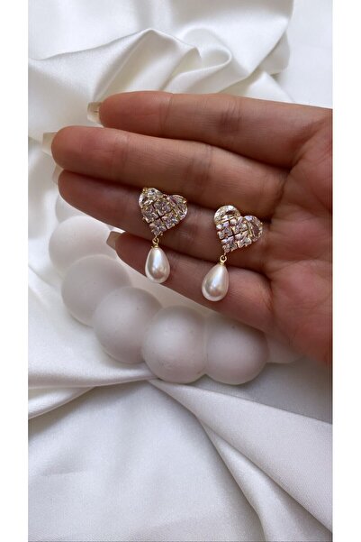 Accessories Kalpli Incili Taşlı Gold Renk Çelik Küpe