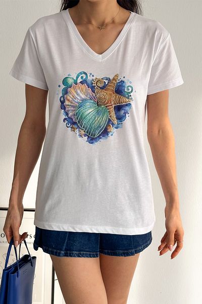 FEMELLE Women's White V-Neck Starfish Sequin Embroidered 100% Cotton T-Shirt