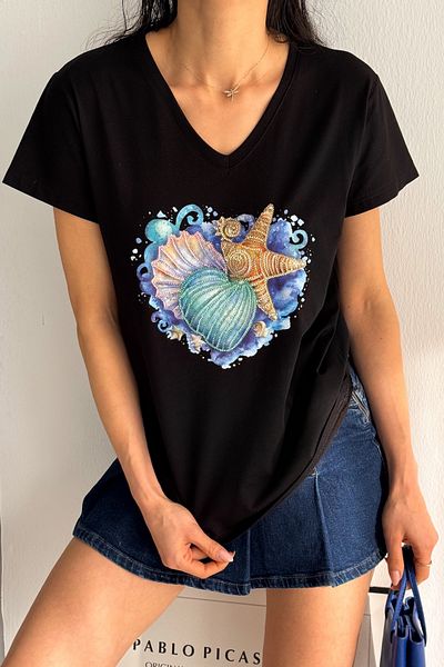 FEMELLE Tricou de damă, negru, cu decolteu în V, stea de mare, cu paiete brodat, 100% bumbac