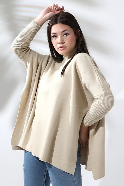 Devinka Women's Beige Oversize Slit Knitwear Poncho Sweater