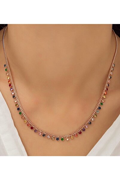 Tmt Silver Gümüş Rose Renkli Taşlı Sıralı Tıffany Kolye