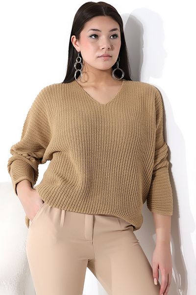 Devinka Pulover de damă Biskuvi cu decolteu în V Thessaloniki Knit Oversize Tricotaj