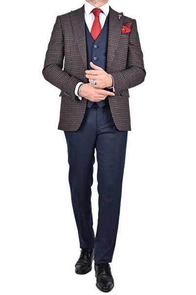 Carutte Crt 300-01 Slimfit Kombinli Yelekli Takım Elbise Kahverengi