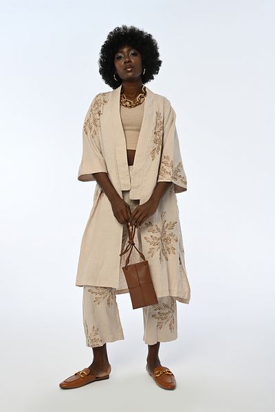 Orfeo Negro WOMEN'S FLOWER EMBROIDERED 100% LINEN LONG KIMONO JACKET