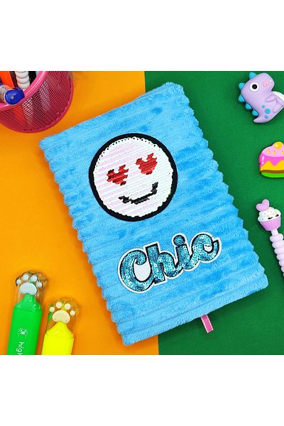 Limmy Blocnotes cu paiete de pluș (20X13 cm), 60 de coli, fața zâmbitoare cu inimă - albastru