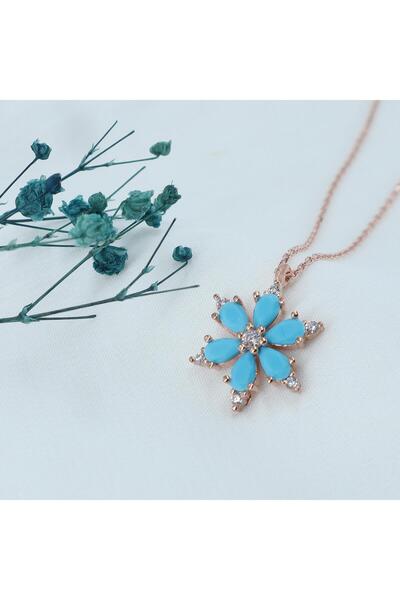 NV JEWELRY 925 Ayar Favori Firuze Taşlı Lotus Çiçeği Modelli Gümüş Kolye