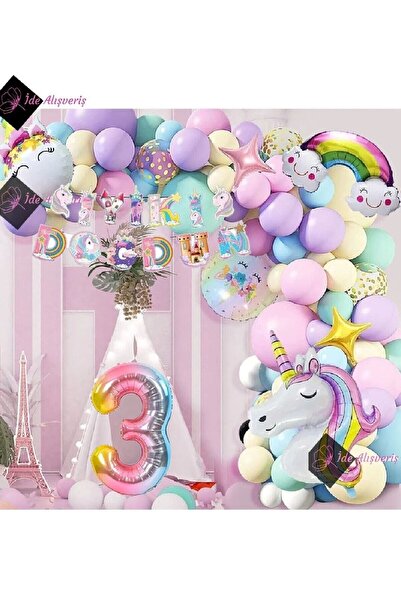 Bkmc 3 Yaş Karakterli Unicorn Temalı Iyi Ki Doğdun Makaron Balon Doğum Günü Parti Kutlama Seti