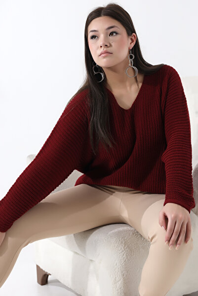 Devinka Kadın Bordo V Yaka Selanik Örgü Oversize Triko Kazak