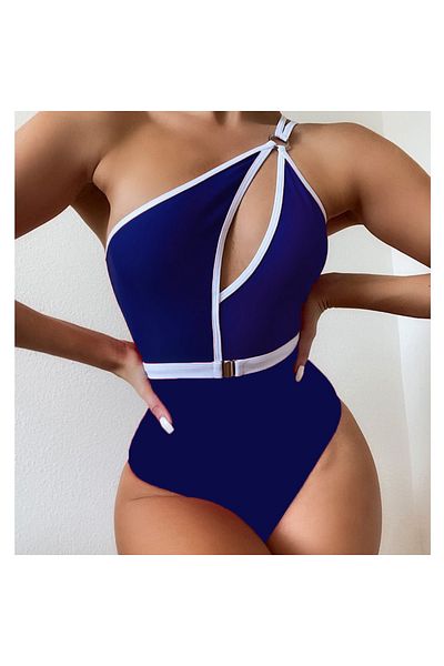 sayina Women's Blue One-Shoulder Belt Detailed Underwire Special Design Lined Stylish Boutique Swimsuit