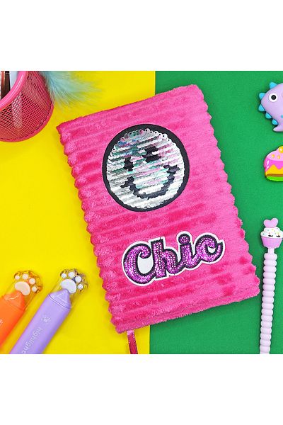 Limmy Bloc de note cu paiete de pluș (20X13 cm), 60 de coli, față zâmbitoare - roz
