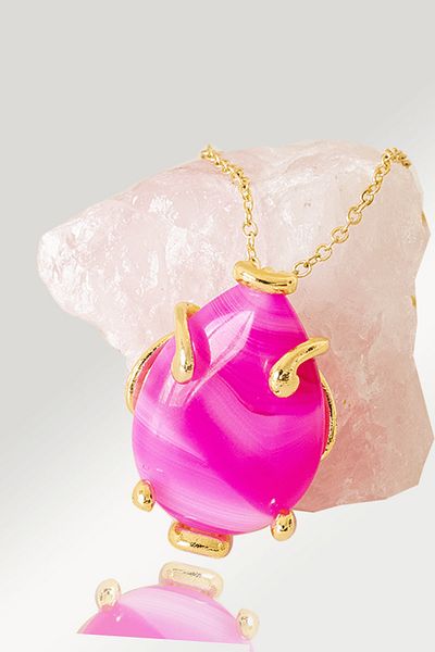 Tesbih Atölyesi Certified AAA+ Pink Agate Stone Necklace with Drop Nails - Gold Color