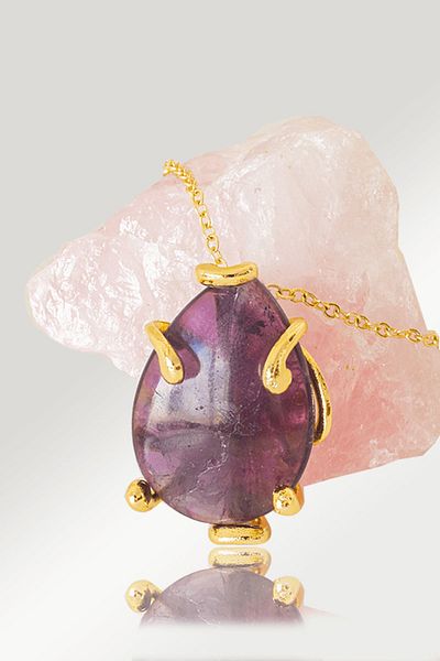 Tesbih Atölyesi Certified AAA+ Drop Model Purple Fluorite Stone Necklace - Gold Color