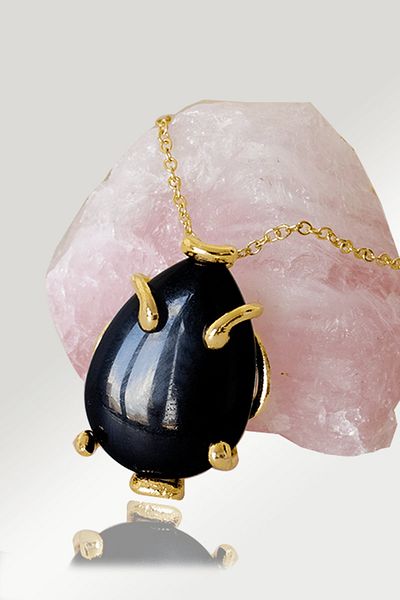 Tesbih Atölyesi Certified AAA+ Drop Model Black Tourmaline Stone Necklace - Gold Color