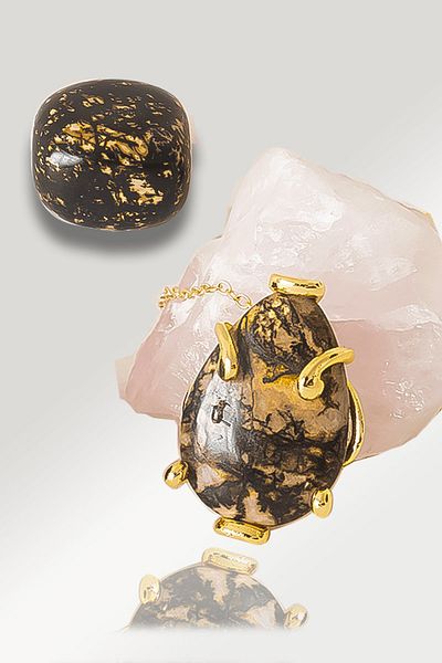 Tesbih Atölyesi Certified AAA+ Drop Model Rhodonite Stone Necklace - Gold Color