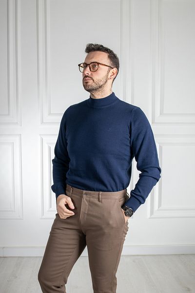 Sarar Interviu Wraps Pulover din tricot 100% bumbac, albastru bleumarin