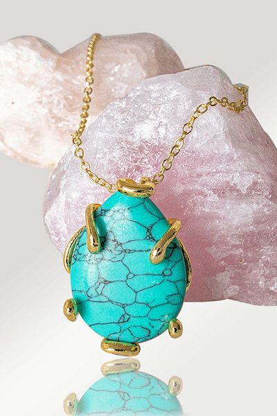 Tesbih Atölyesi Certified AAA+ Drop Model Turquoise (Turquoise) Stone Necklace - Gold Color