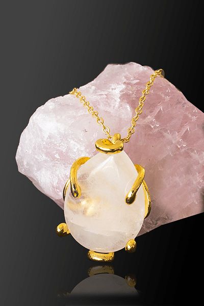 Tesbih Atölyesi Certified AAA+ Drop Model Crystal Quartz Stone Necklace - Gold Color