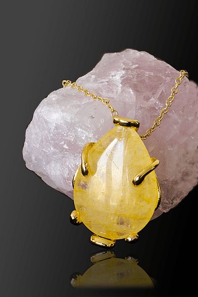 Tesbih Atölyesi Certified AAA+ Drop Model Citrine Stone Necklace - Gold Color (Pulls Money)
