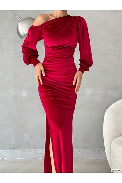 Varyete Slit Off Shoulder Maxi Length Velvet Fabric Evening Dress Wedding Engagement Promise