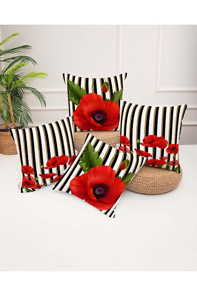 menesahome Red Poppy Flower Themed Decorative Digital Printed Throw Pillow Cover