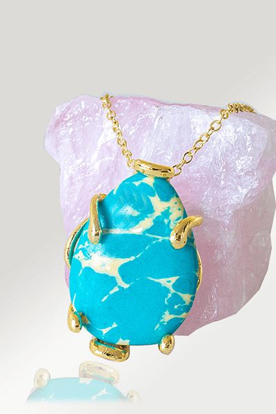 Tesbih Atölyesi Certified AAA+ Drop Model Blue Variscite Stone Necklace - Gold Color