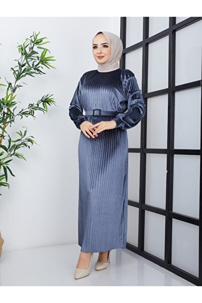 ECK MODA Kadın Kadife Kumaş Pliseli Elbise