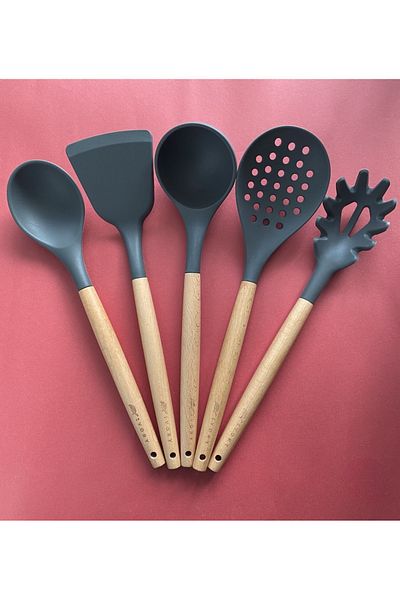 Multiamo Bamboo Handle Silicone Serving Set 5 Pieces, Ladle, Spoon, Colander, Pasta Spoon, Angled Spatula,