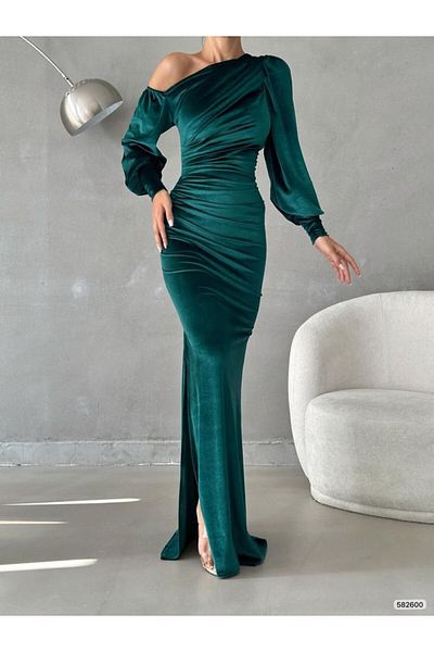 Varyete Slit Off Shoulder Maxi Μήκος Βελούδινο Ύφασμα Βραδινό Φόρεμα Νυφικό Αρραβώνα